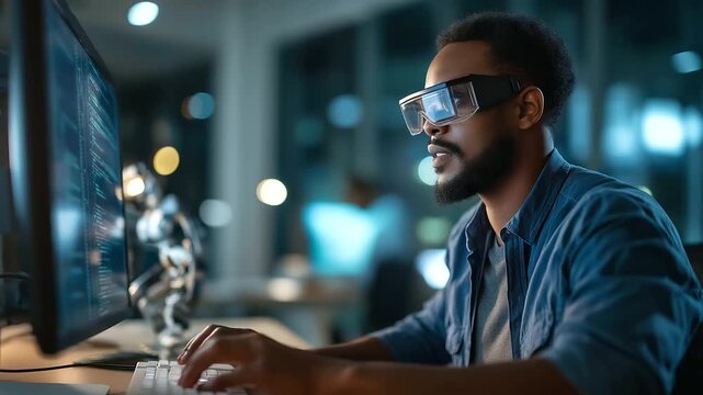 A Black engineer in virtual reality glasses codes in a terminal window debugging software a futuristic interface glowing his desk with a model robot VR coding software