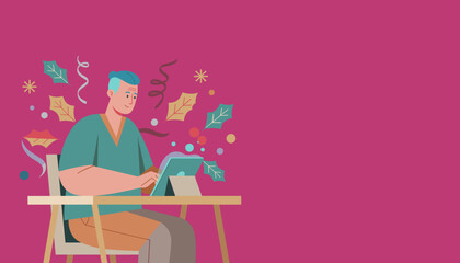 Man using a tablet surrounded by festive holiday elements on a magenta background Seasonal remote work