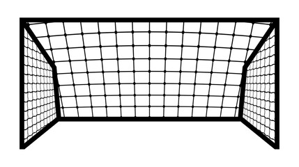 Soccer goal vector illustration. A black frame with a detailed net shown from a frontal perspective on a light grey background. Ideal for sports, football, and game related designs.