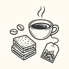 A simple line art illustration of a cup of coffee, two biscuits, and a tea bag, representing a break or refreshment