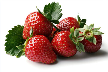 Fresh red strawberry with green leaves close up on white background, juicy and ripe fruit with natural texture and vibrant color, healthy and delicious snack