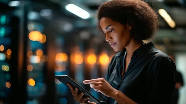 An African American woman in a data center uses AI visualization tools on a tablet to detect hardware errors server racks humming screens showing diagnostic graphs AI error
