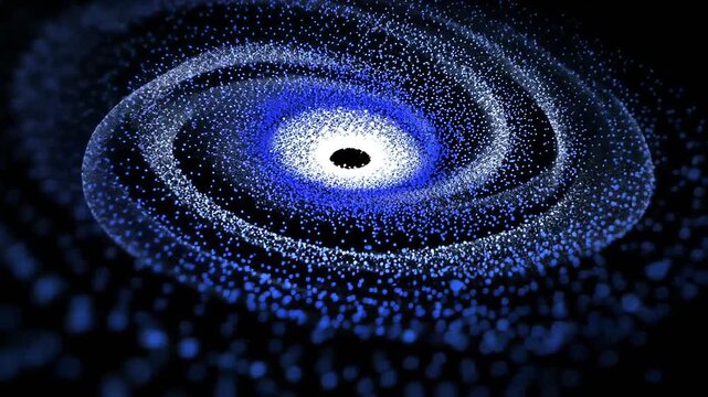 Abstract blue and white glowing dots swirl into a vortex on a dark background