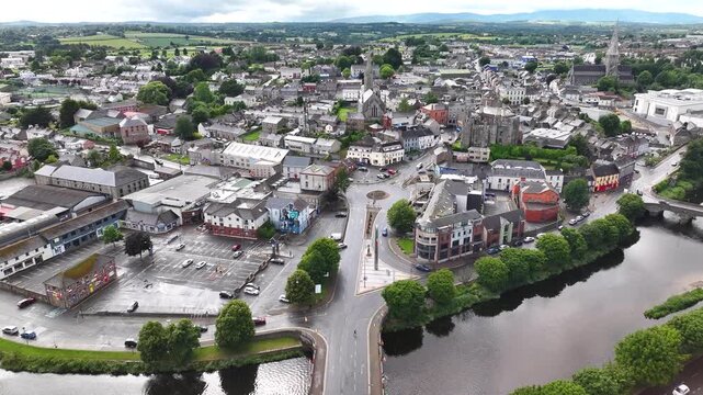 Enniscorthy, Ireland - Aerial birds eye over the river bridge to old town.