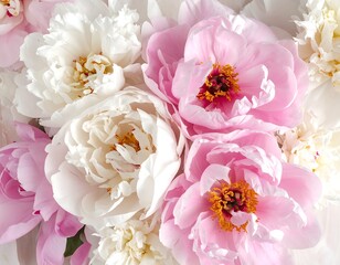 Overhead shot of delicate, close-up pastel pink and white blossoms