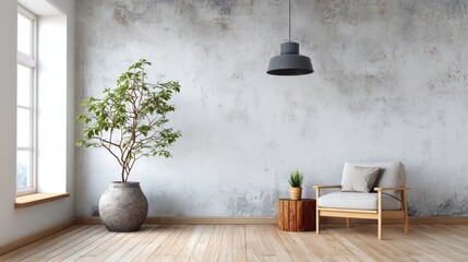 Minimalist interior space features natural wood elements against a textured light gray wall