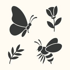 Set of four stylized black silhouette icons butterfly, rose, bee, and leaf branch, isolated on a light cream background