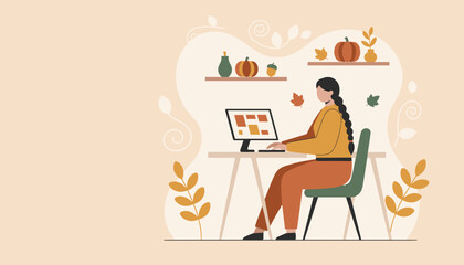 Cozy autumn work from home illustration Woman typing on computer desk