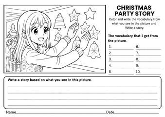 Obraz premium Christmas Party at School writing prompt worksheet for kids! Fun and engaging ELA worksheets with creative writing topics and vocabulary practice. Perfect for classroom writing activities grades 1–3.