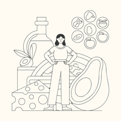 A person stands confidently amidst a collection of healthy keto diet foods, including avocado, cheese, and olive oil