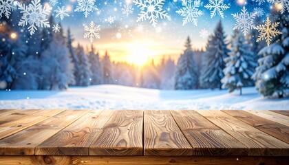 雪景色と木製のテーブル