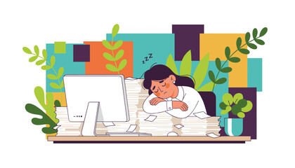 Exhausted employee sleeping on a huge stack of papers at her desk office burnout and stress concept