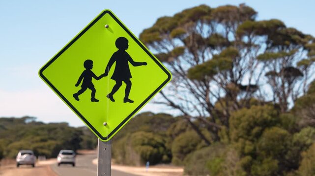 Close-up of pedestrian crossing sign warning drivers of children - rural Australia road scene