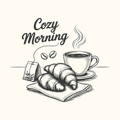 Cozy morning with coffee, croissants, and tea bag illustration