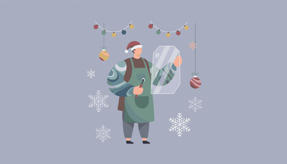 Illustrator in Santa hat decorating a shop window for Christmas sales and holiday season preparations