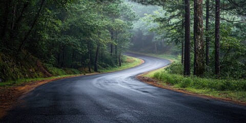 A wet, winding road through a lush, green forest with tall trees and a misty atmosphere, leading towards a distant horizon.