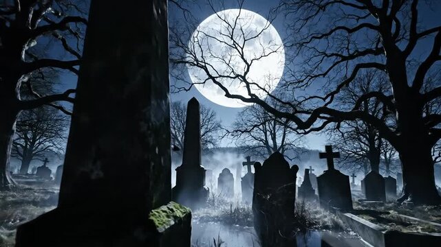 Gothic graveyard full moon with mist bare trees