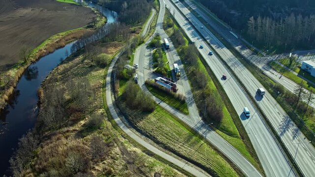 Aerial view of Partille rest area along highway E20 on a clear day