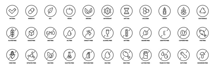 Set of linear icons free from allergens and other additives. Healthy organic food. Natural product. Vector