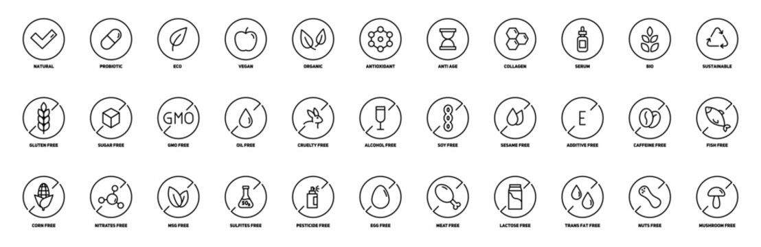 Set of linear icons free from allergens and other additives. Healthy organic food. Natural product. Vector