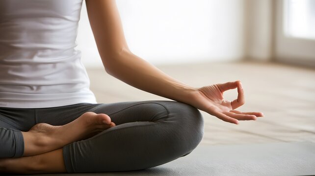 Woman meditating in lotus pose on yoga mat indoors
