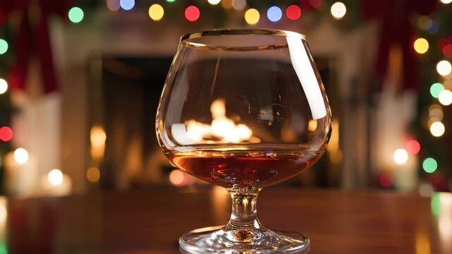 Brandy Snifter by Fireplace with Christmas Lights.
