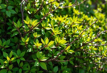 Dense, thorny bush with vibrant green leaves, sunlight dappling through,  thorns,  summer