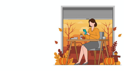 Working woman texts at her autumn decorated desk enjoying seasonal concepts