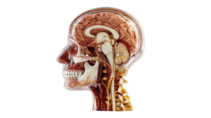 Detailed human head anatomical model showing brain nerves muscles and skull structure cross section isolated on white background