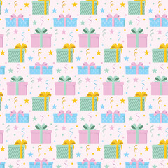 Seamless pattern with colourful gift boxes and confetti. Birthday party vector illustration.