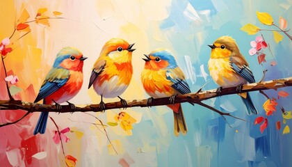 Colorful painted birds sing on a branch