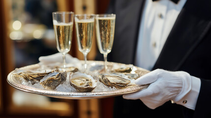 Professional waiter in white gloves serving oysters and champagne on a silver tray in a high-class venue