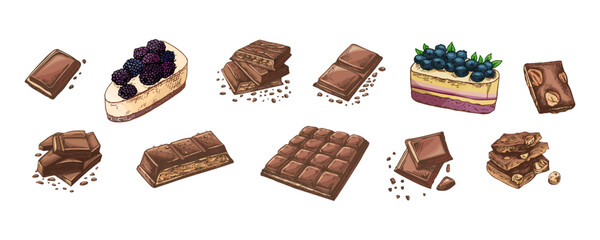 Hand drawn vintage sketch of hot cocoa mugs with marshmallows and assorted chocolate bars set in color and monochrome