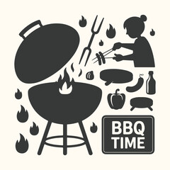 Silhouette of a person grilling food on a barbecue grill with flames and various food items