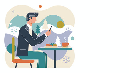 Businessman using smartphone during a coffee break in a cozy winter setting