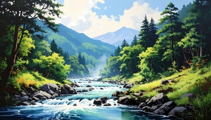 Azure River Rushing Through Lush Valley
