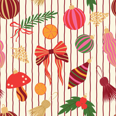 Obraz premium Christmas ornaments vector seamless pattern. Bright xmas baubles, mushroom decoration, festive tassels, ribbon bows on light striped background. Colorful winter holiday maximalist decor repeat design