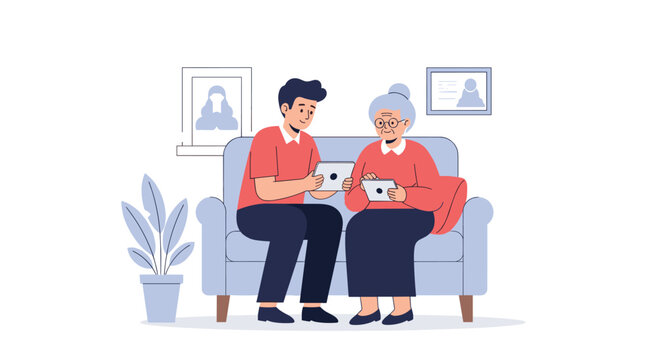 Young man and elderly woman happily sharing digital content on tablets while relaxing on a cozy sofa at home