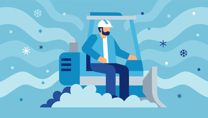 Worker operates snow removal vehicle during a blizzard Winter maintenance illustration