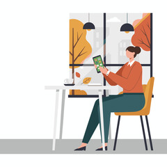 Woman using smartphone at cafe table with fall view Digital lifestyle and communication