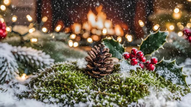 Winter Wonderland - Pinecone and Holly Berries Amidst Festive Christmas Lights and Snowfall.