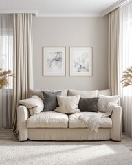 Fototapeta premium A white couch with pillows and a blanket on it