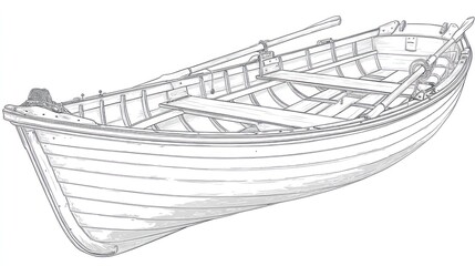 Detailed illustration of a wooden rowboat with oars and interior structure