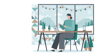 Cozy remote workspace Woman works on laptop overlooking snowy mountains decorated for winter