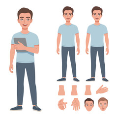 Obraz premium Cartoon man with tablet and separate body parts for animation character illustration