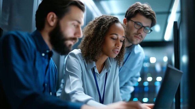 A team of technicians in a data center integrates AI automation tools screens showing machine learning models server racks humming a collaborative atmosphere AI automation