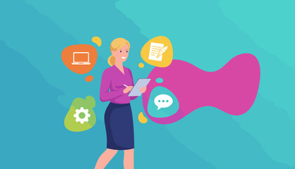 Businesswoman manages digital workflow with tablet showcasing efficiency and productivity icons