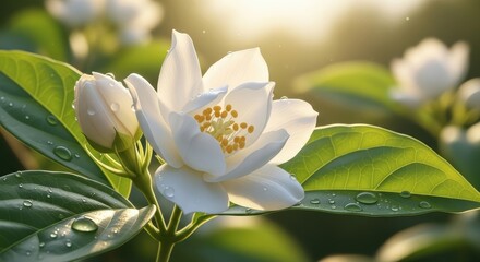 Delicate white jasmine blossoms glistening with morning dew, bathed in the soft golden light of sunrise, capturing natural freshness and serene beauty in a vibrant garden