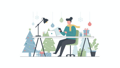 Remote worker uses phone and laptop at a festive desk decorated for Christmas and winter holidays