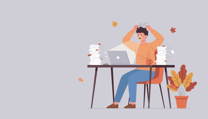 Frustrated man feeling burnout with excessive paperwork and workload at his desk